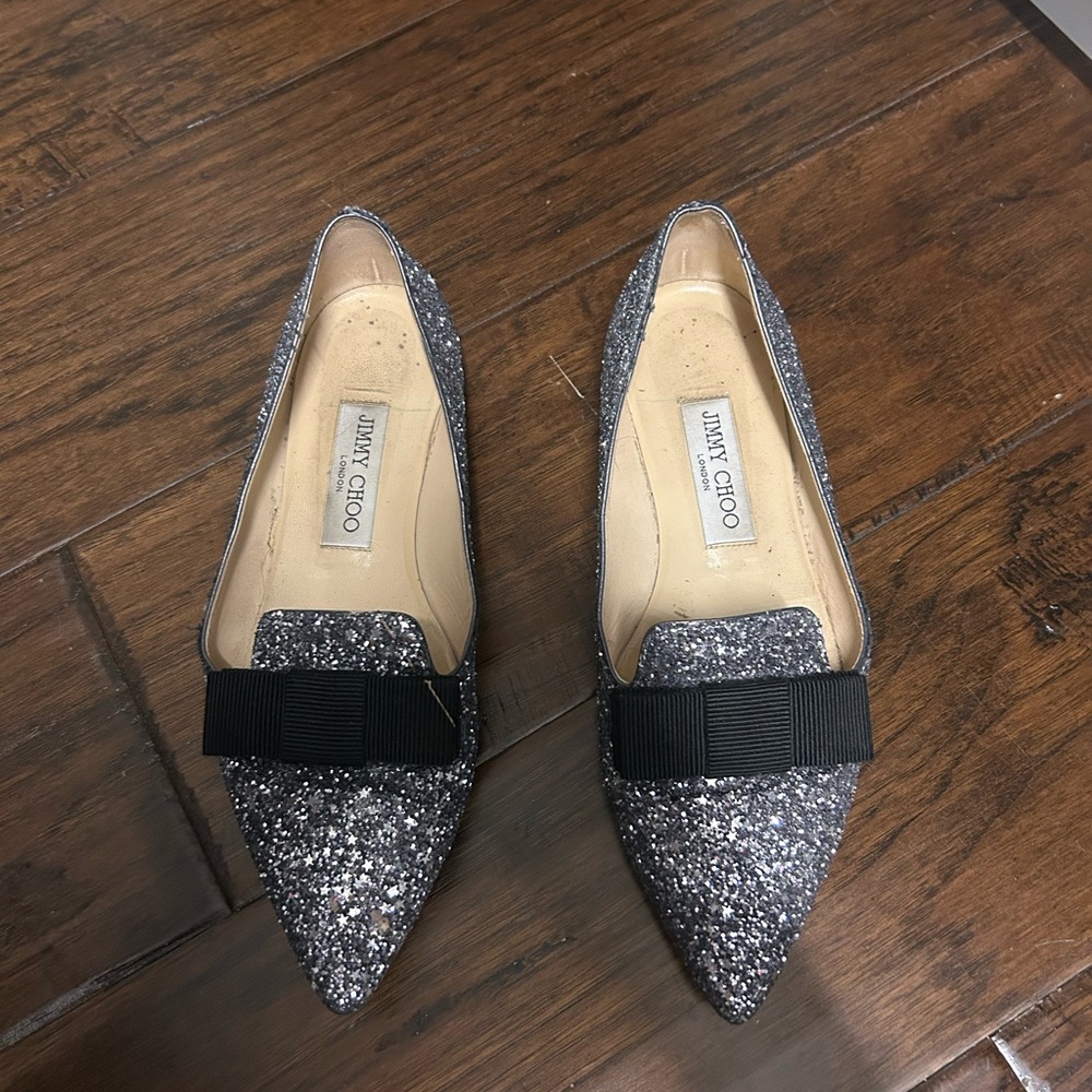 Jimmy Choo Galaxy Gala Silver Glitter Flats with Black Bow size 37